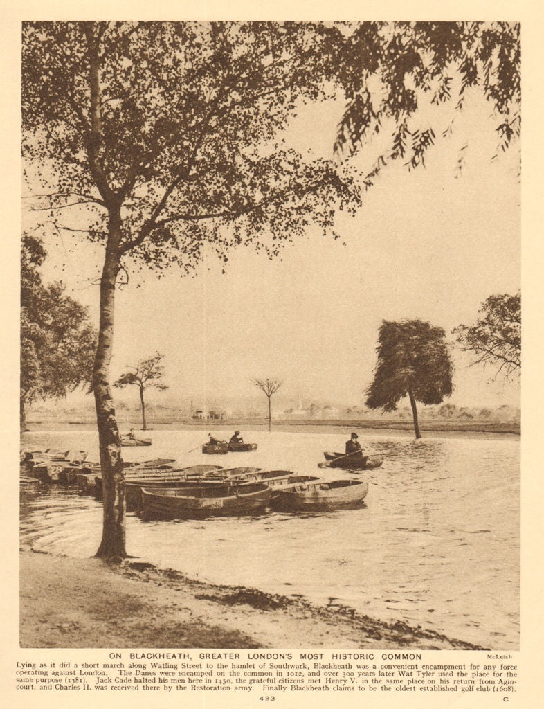 Blackheath boating pond. Rowing boats. All Saints Church in distance 1926